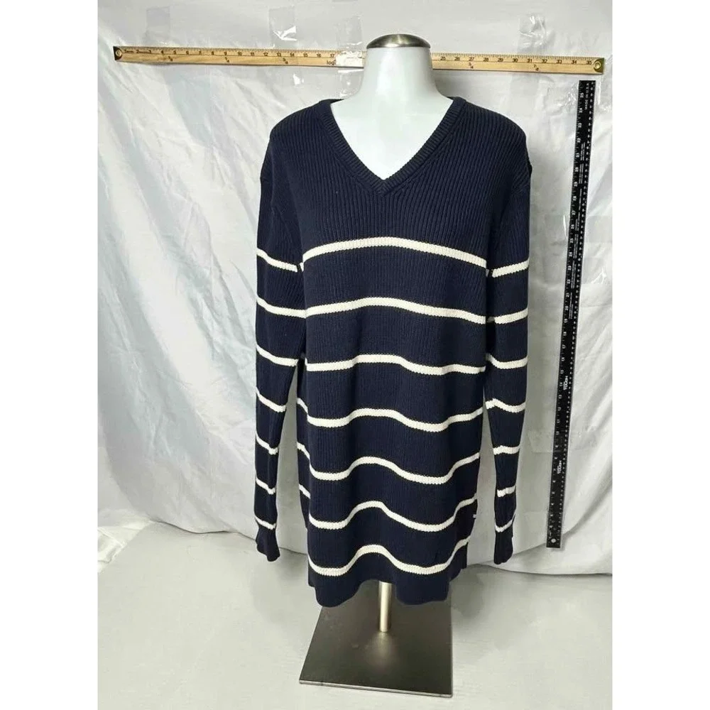 Nautica Jeans Co Mens XXL Navy Blue White Striped‎ Ribbed V-Neck Cotton Sweater